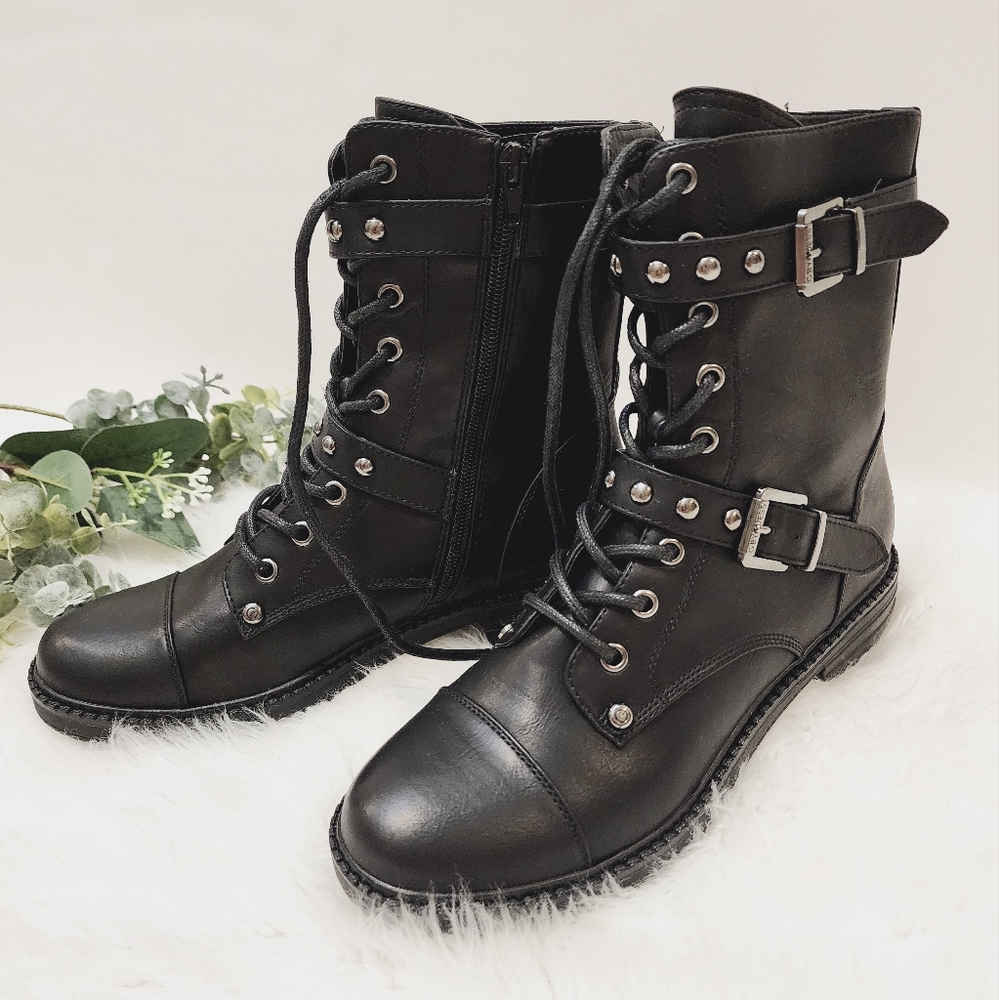 G by Guess lace up black combat boots with buckles